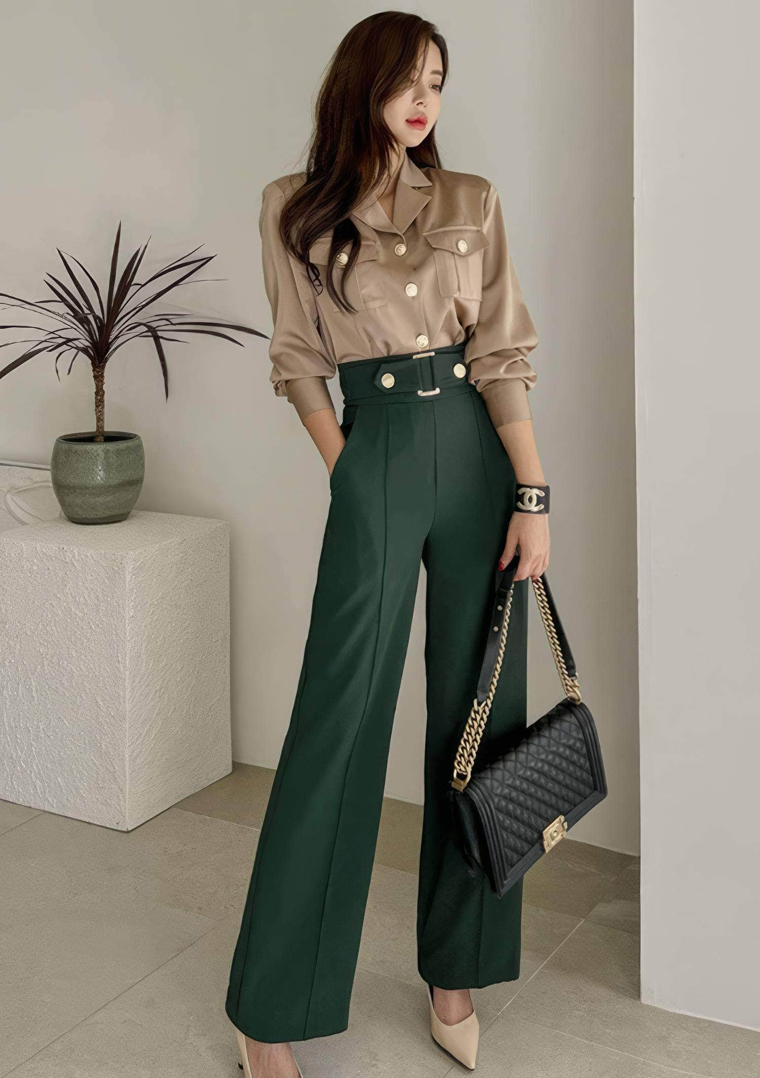 Two-Piece Collared Button Shirt High Waist Pants S / DarkGreen