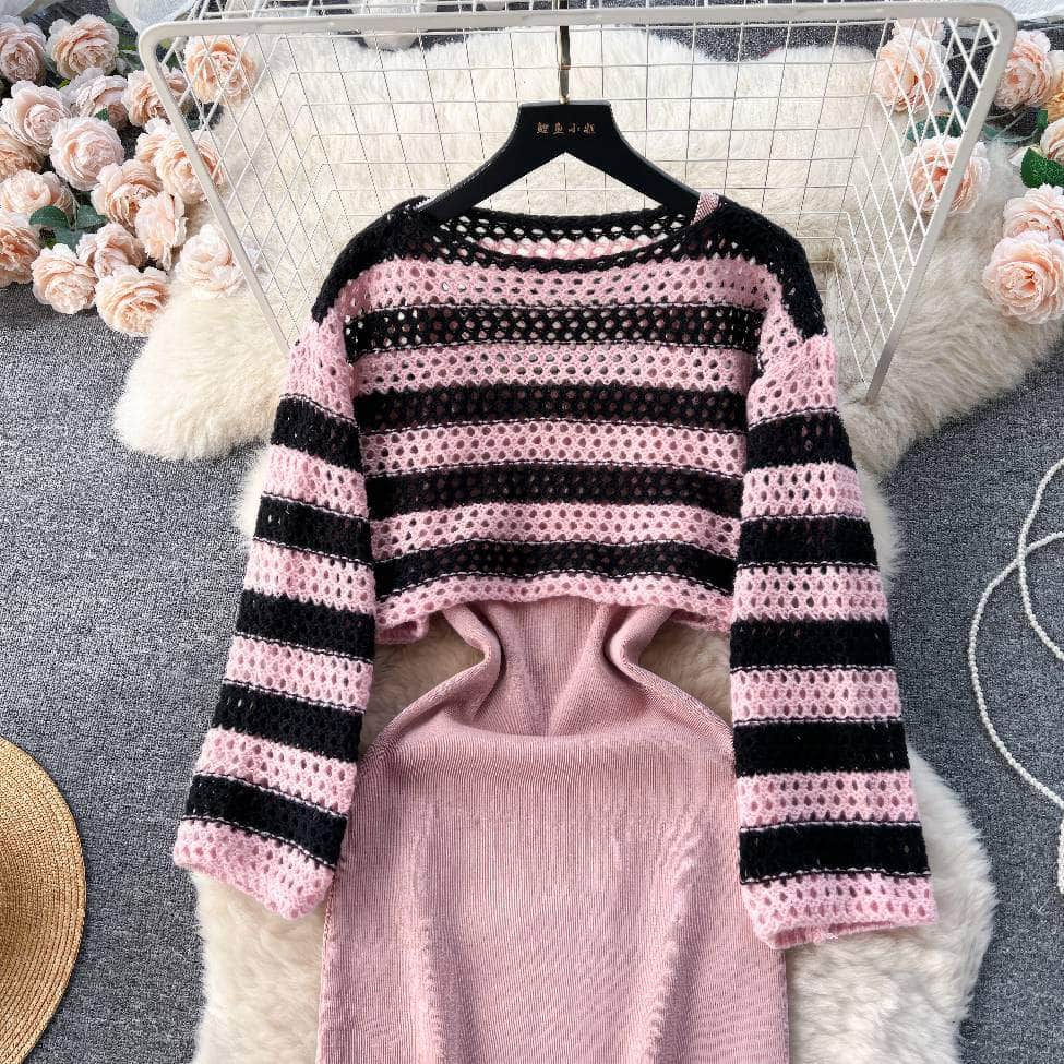 Two-Piece Crochet Top Cami Rib Knit Dress