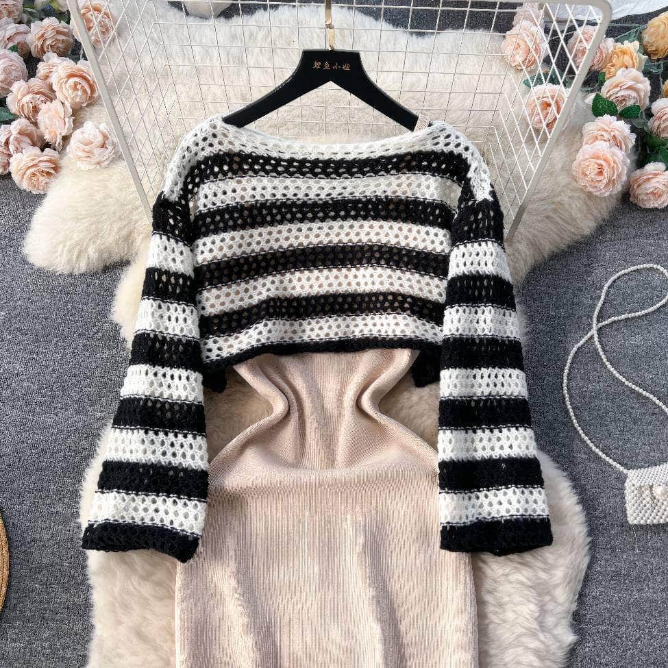Two-Piece Crochet Top Cami Rib Knit Dress