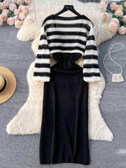 Two-Piece Crochet Top Cami Rib Knit Dress MAX SIZE / Black