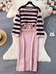 Two-Piece Crochet Top Cami Rib Knit Dress MAX SIZE / Pink