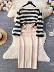 Two-Piece Crochet Top Cami Rib Knit Dress MAX SIZE / White