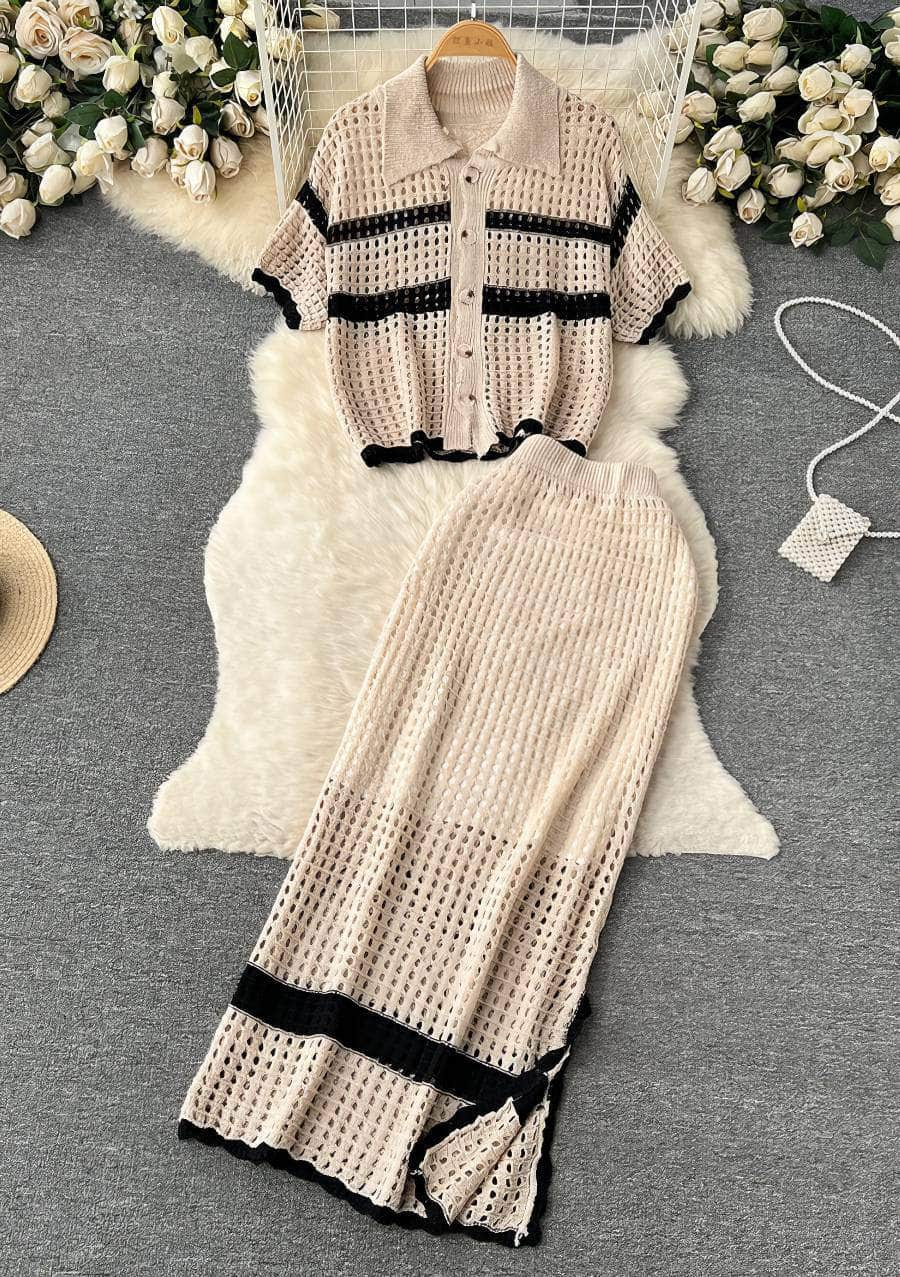 Two Piece Dual Tone Crochet Sweater Set MAX SIZE / Beige