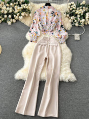 Two Piece Floral Lantern Sleeves Blouse High Waist Pants