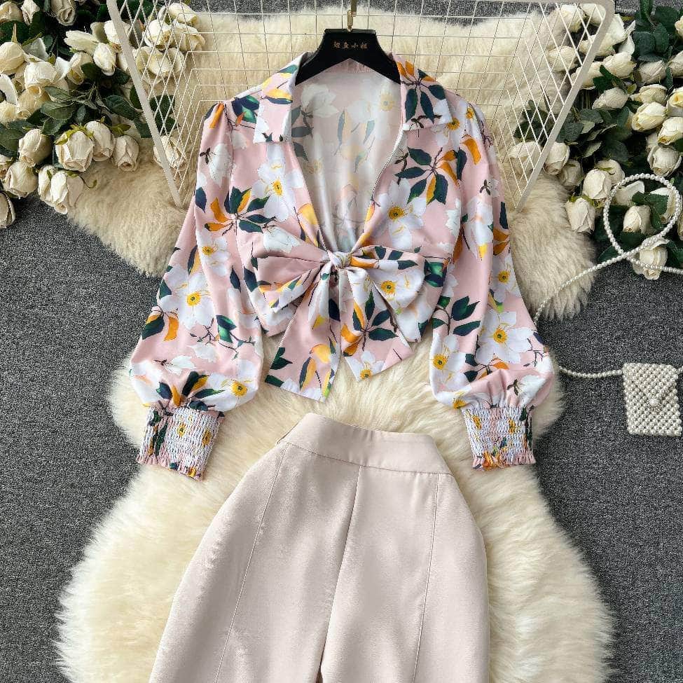 Two Piece Floral Lantern Sleeves Blouse High Waist Pants