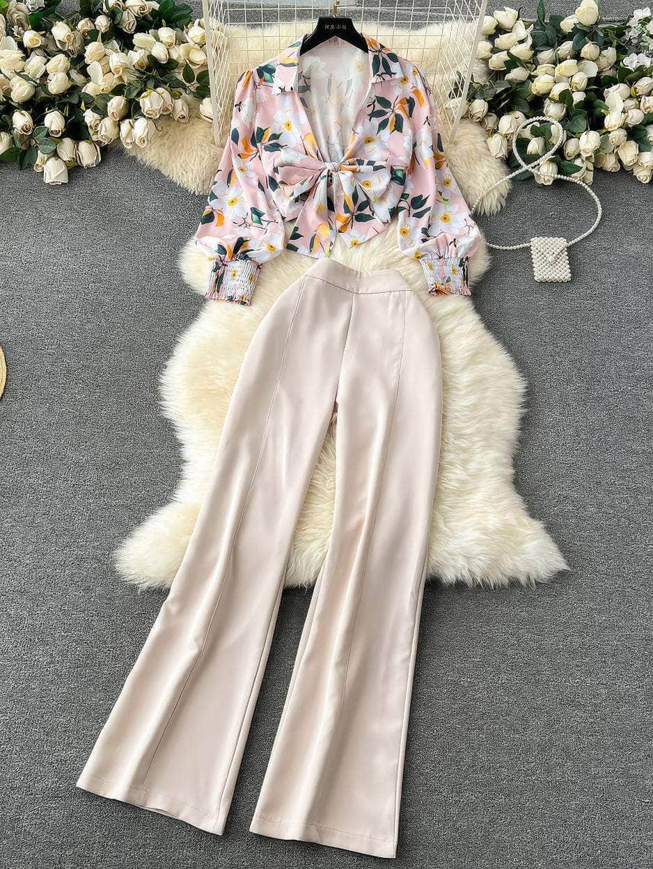 Two Piece Floral Lantern Sleeves Blouse High Waist Pants S / Bisque