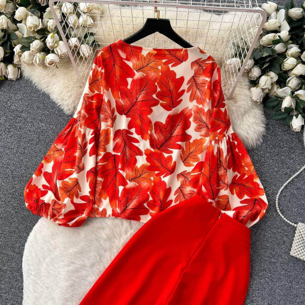 Two Piece Floral Print Lantern Sleeves Top High Waist Pants