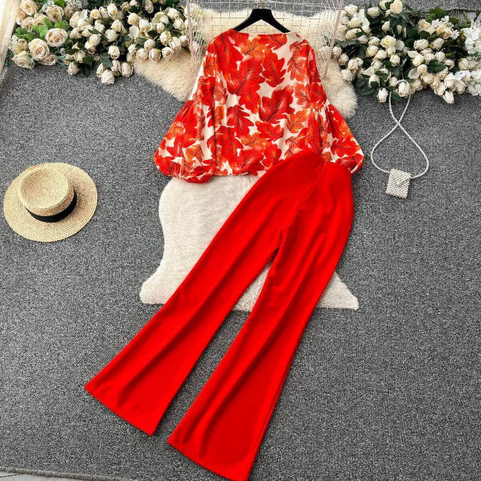 Two Piece Floral Print Lantern Sleeves Top High Waist Pants