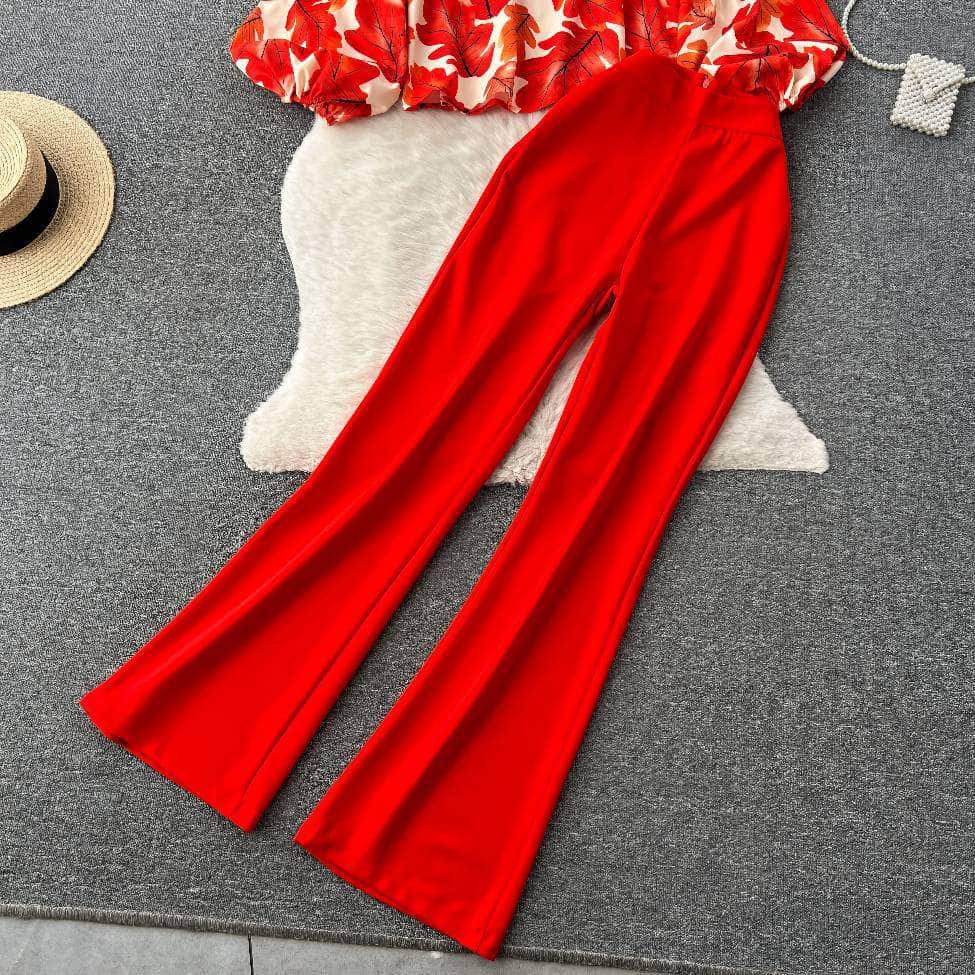 Two Piece Floral Print Lantern Sleeves Top High Waist Pants