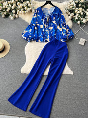 Two Piece Floral Print Lantern Sleeves Top High Waist Pants S / Blue