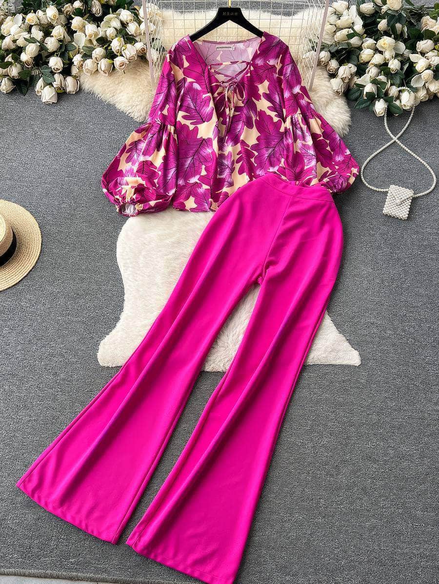 Two Piece Floral Print Lantern Sleeves Top High Waist Pants S / DeepPink