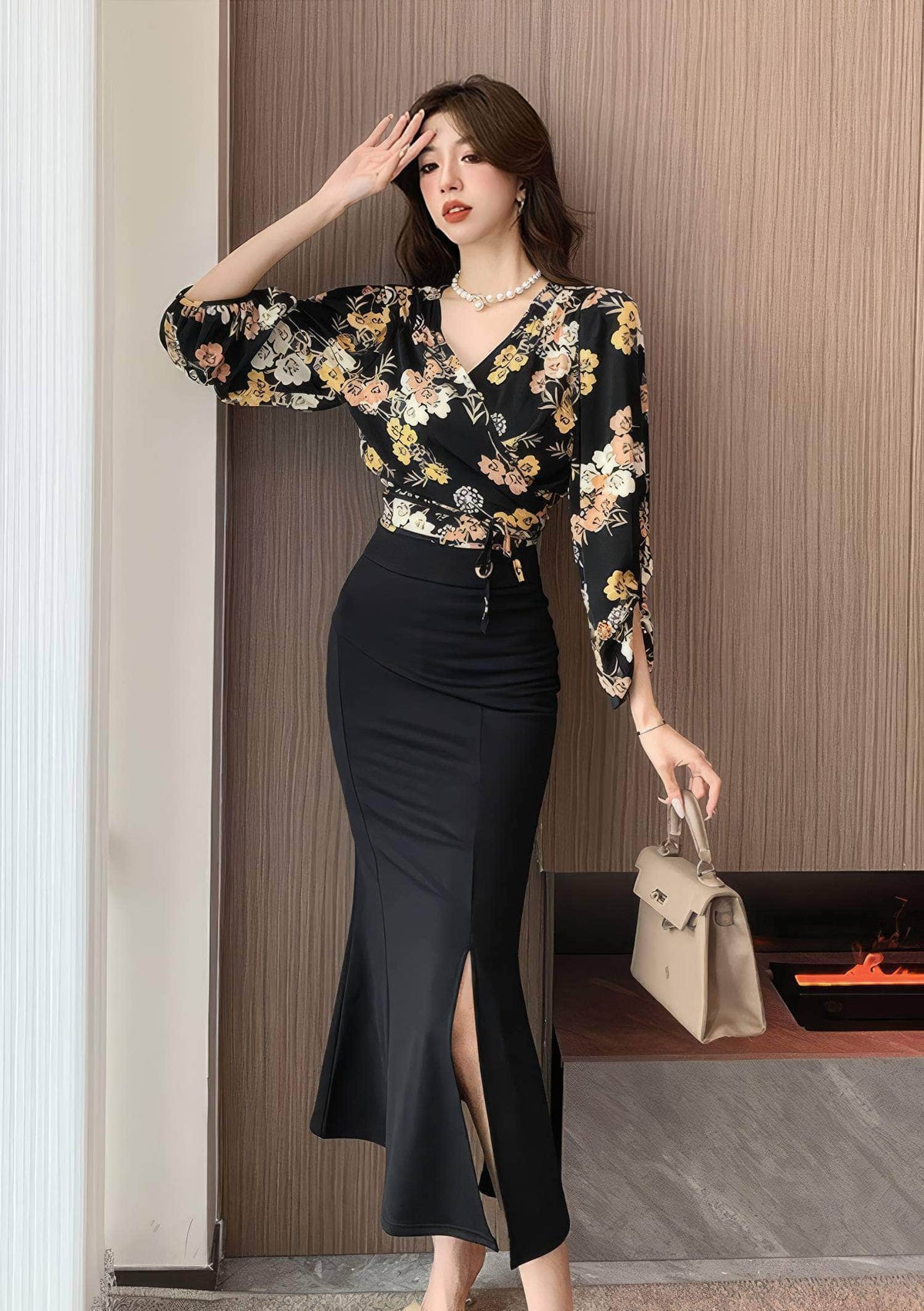 Two-Piece Floral Print Top Mermaid Skirt S / Black