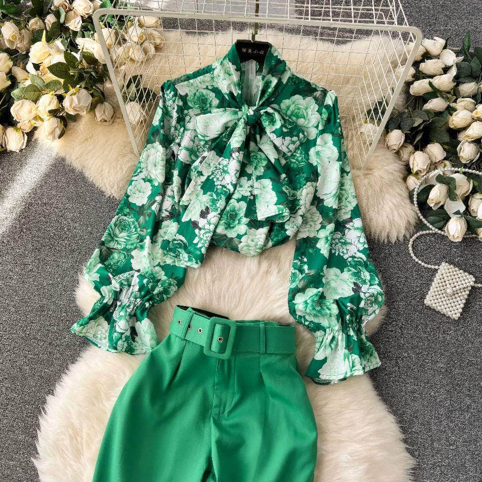 Two Piece Floral Ruched Sleeves Blouse Belted Wide Leg Pants