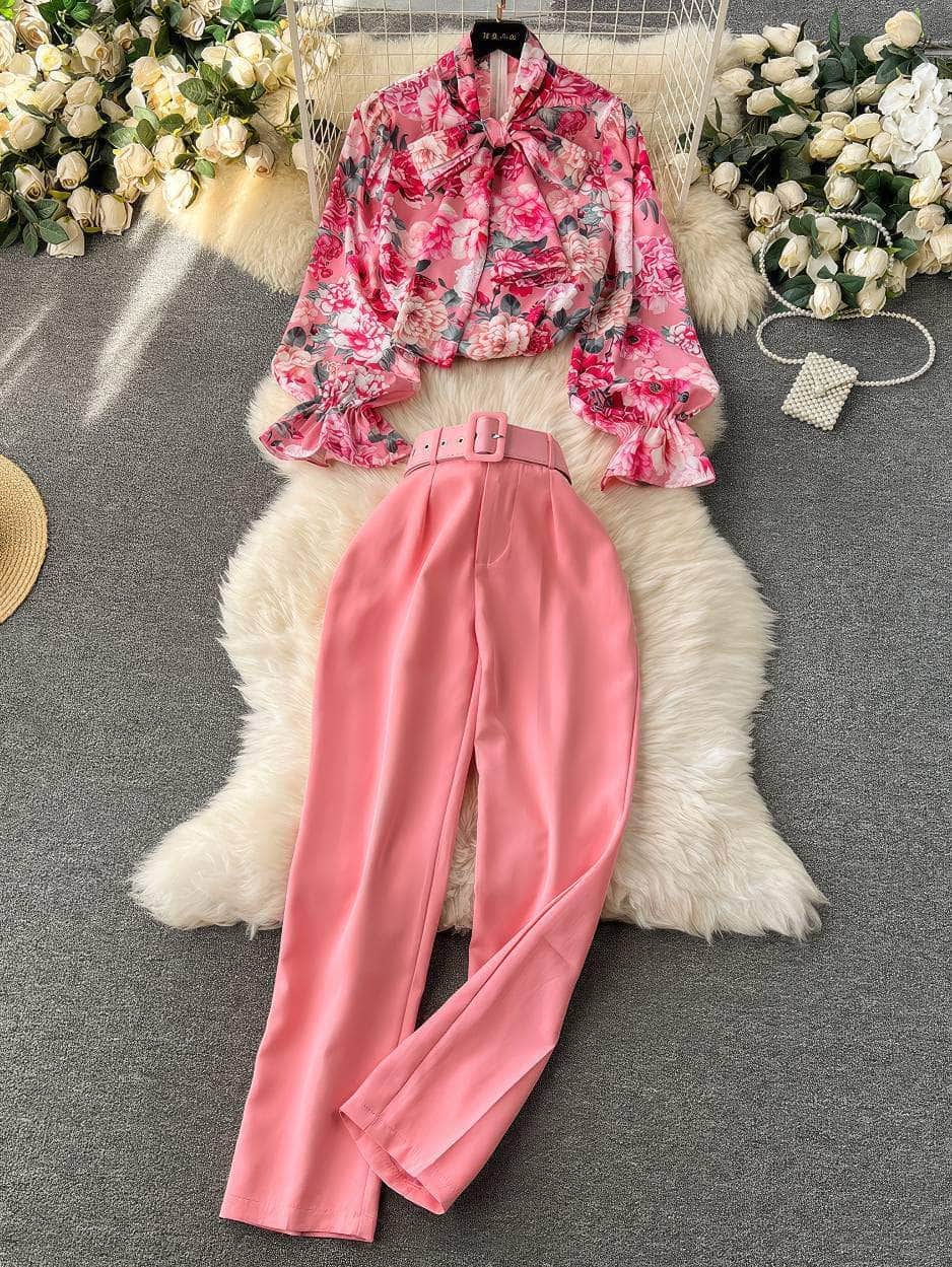 Two Piece Floral Ruched Sleeves Blouse Belted Wide Leg Pants S / Pink