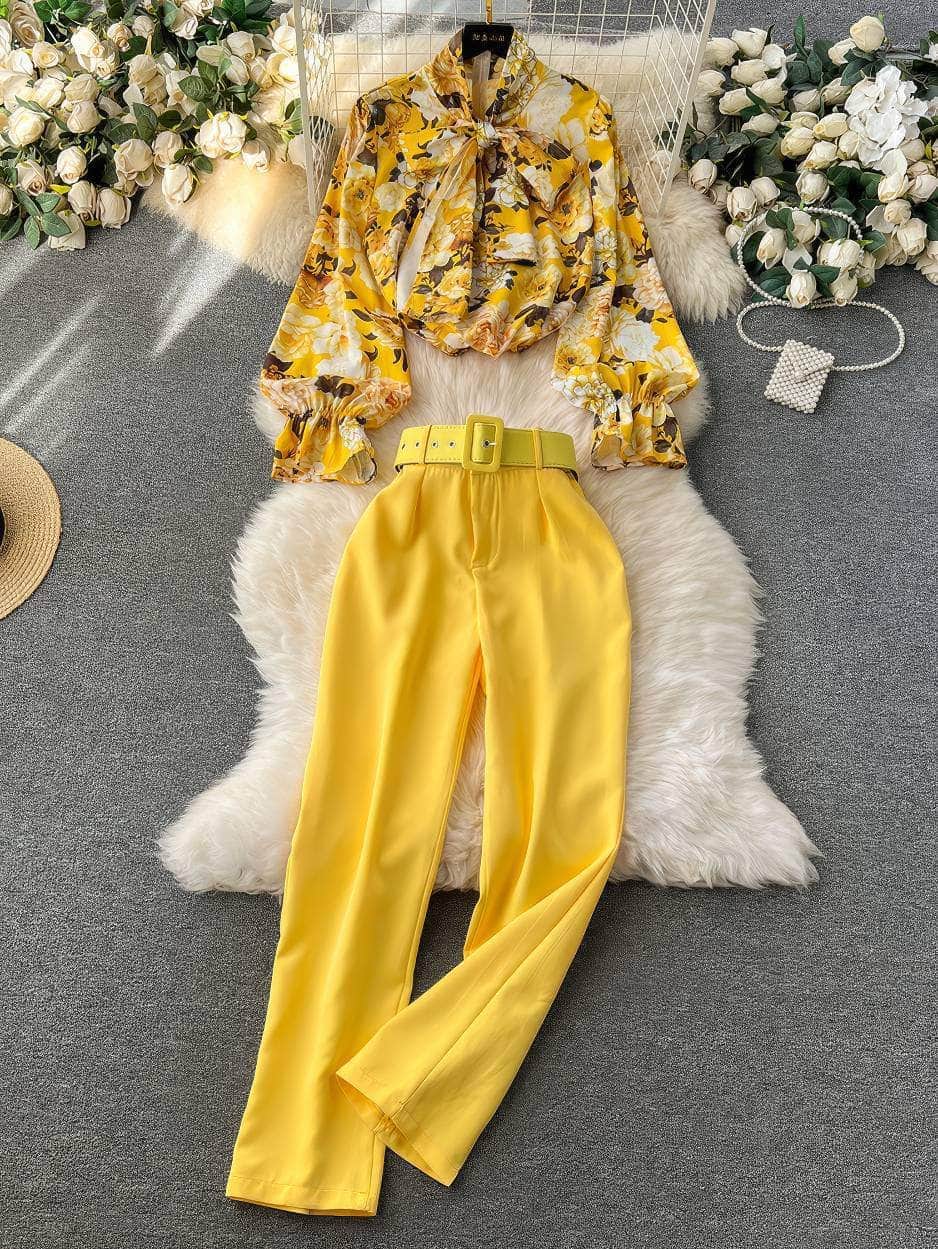 Two Piece Floral Ruched Sleeves Blouse Belted Wide Leg Pants S / Yellow