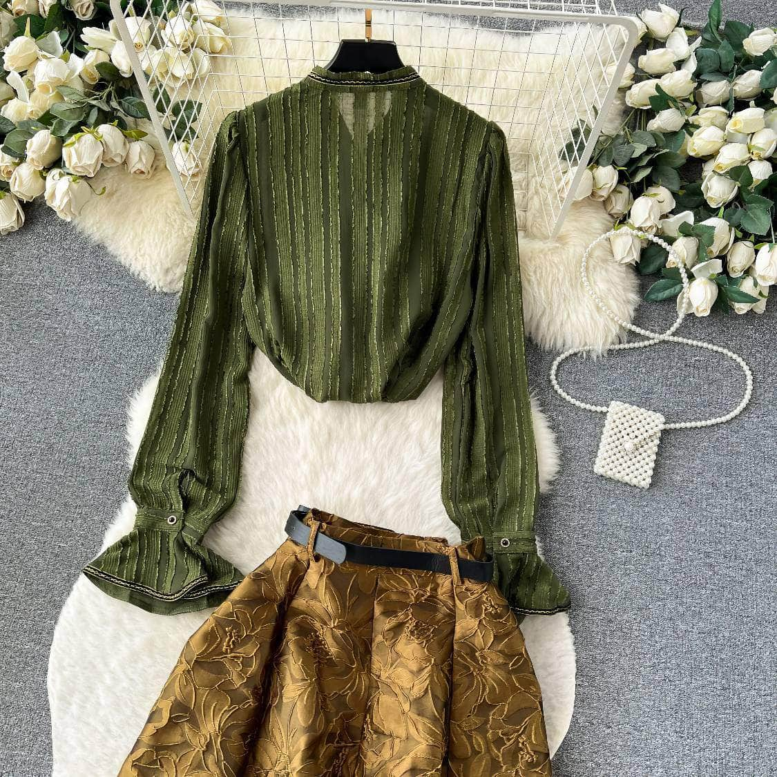 Two-Piece French Ruffled Shirt Embroidered Skirt