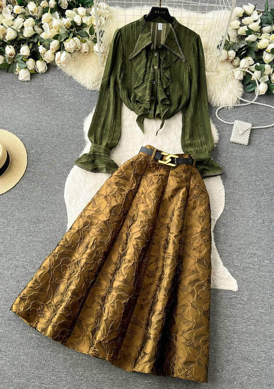 Two-Piece French Ruffled Shirt Embroidered Skirt