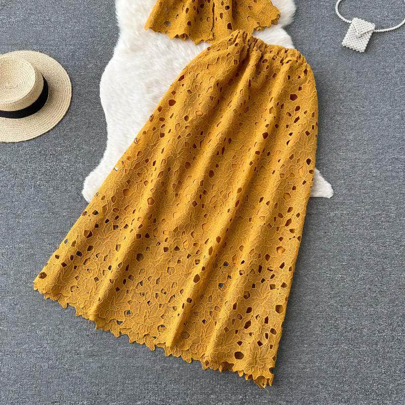 Two-Piece Hollow Lace Collared Blouse High Waist Flared Skirt