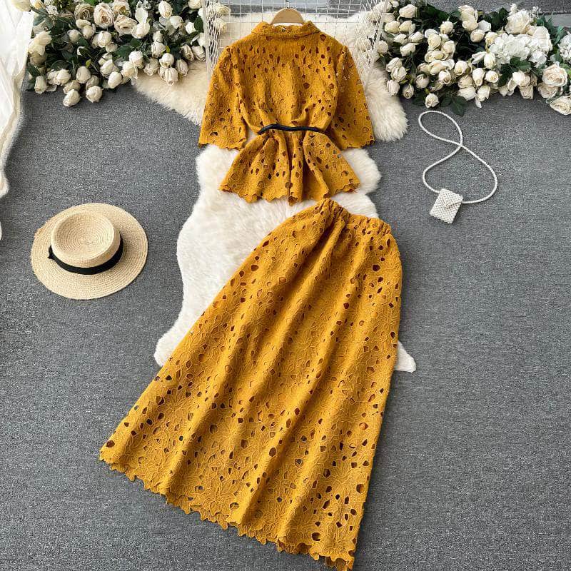Two-Piece Hollow Lace Collared Blouse High Waist Flared Skirt