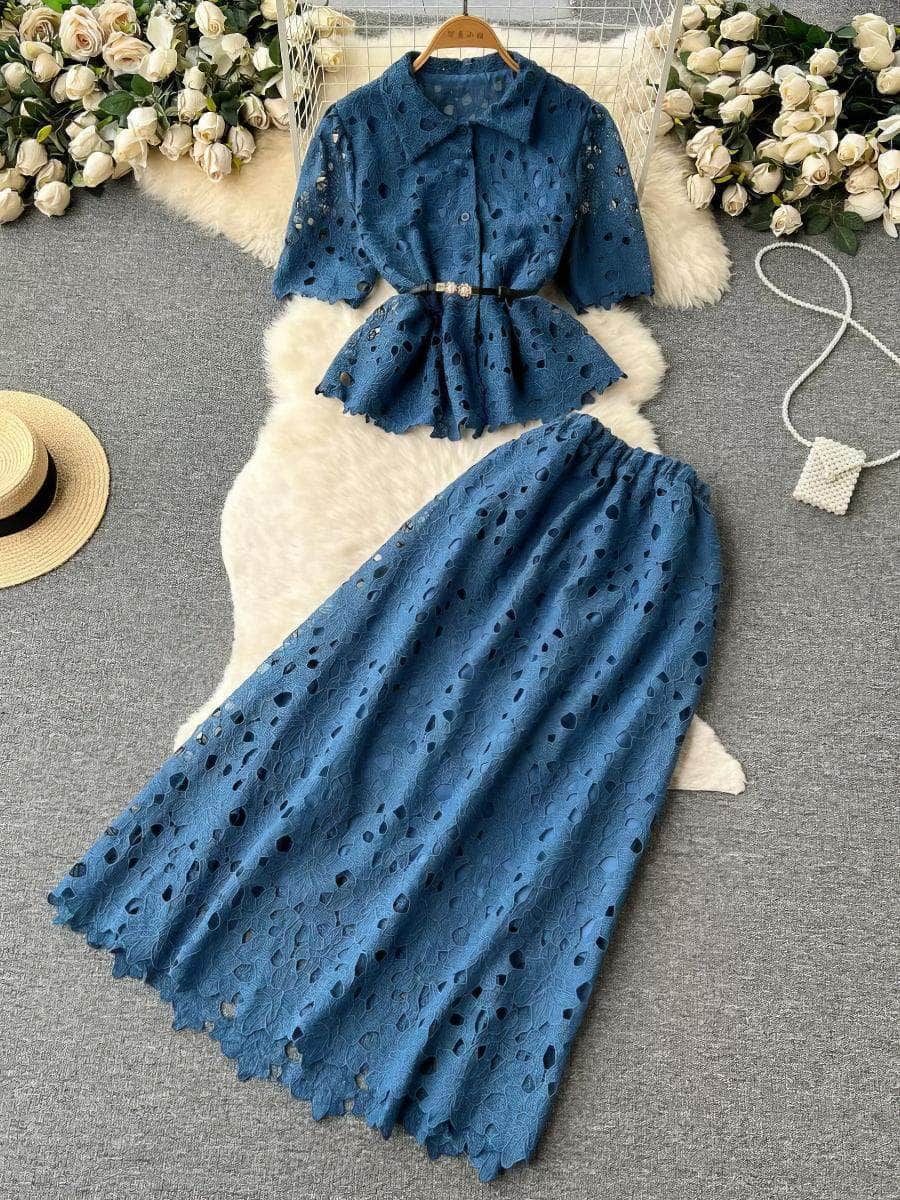 Two-Piece Hollow Lace Collared Blouse High Waist Flared Skirt MAX SIZE / Blue