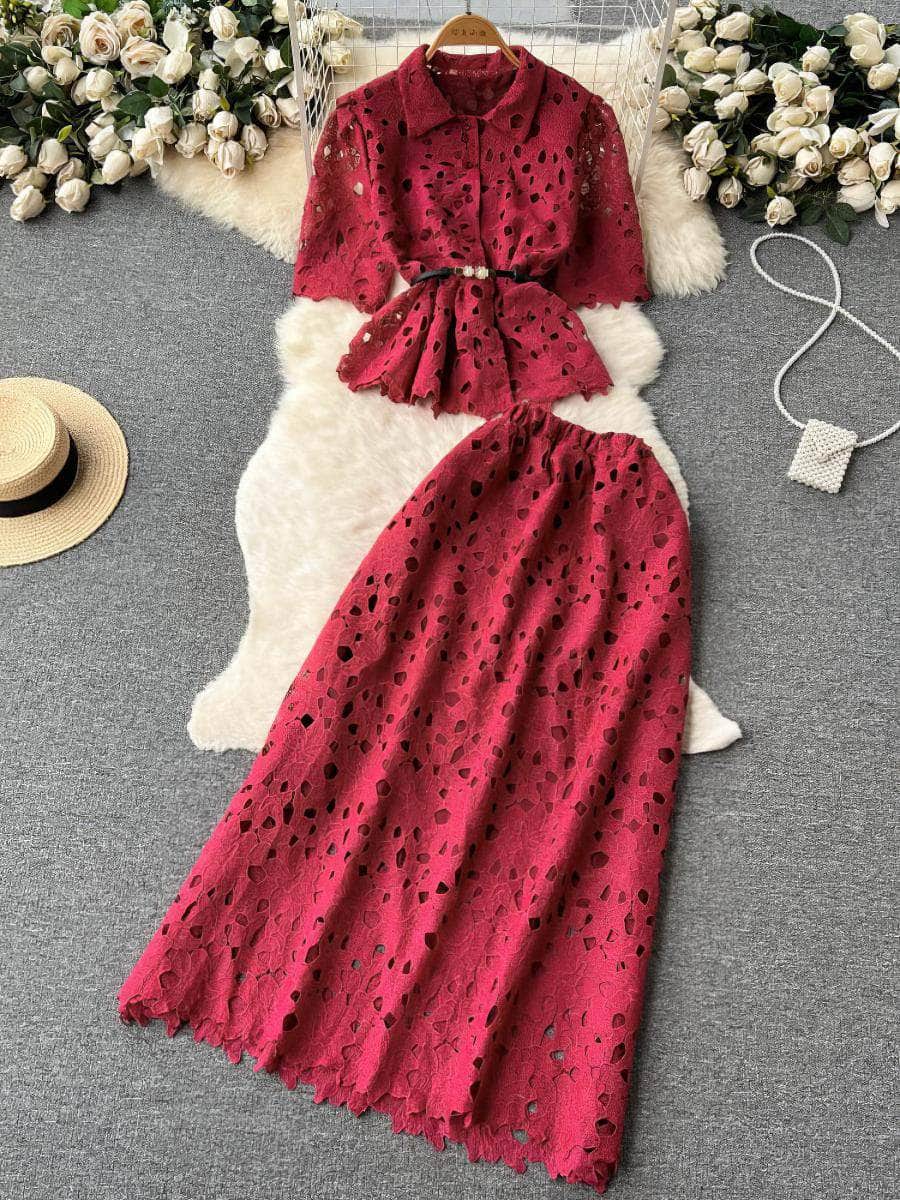 Two-Piece Hollow Lace Collared Blouse High Waist Flared Skirt MAX SIZE / Maroon