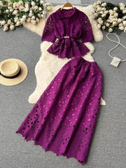 Two-Piece Hollow Lace Collared Blouse High Waist Flared Skirt MAX SIZE / Purple