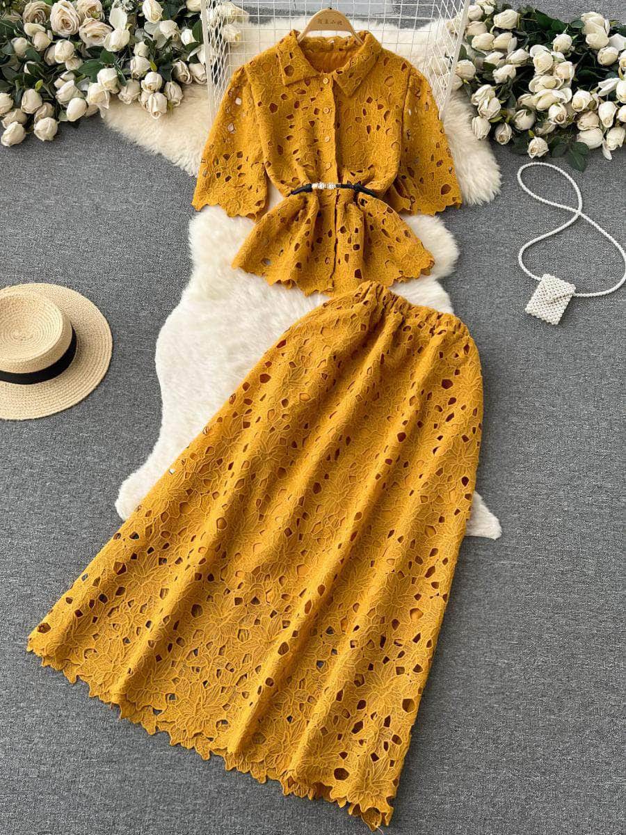 Two-Piece Hollow Lace Collared Blouse High Waist Flared Skirt MAX SIZE / Yellow