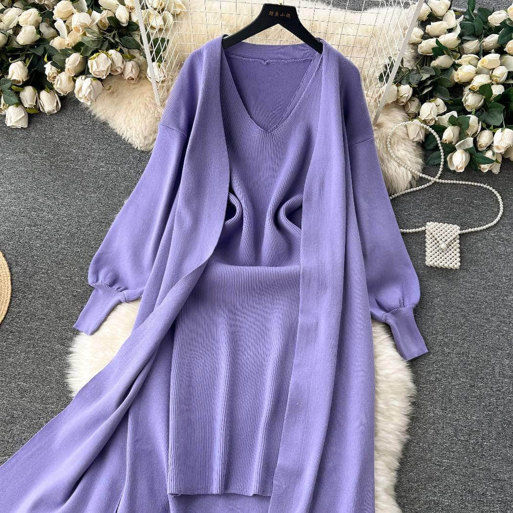 Two-Piece Knitted Lantern Sleeves Pullover with Cami Dress