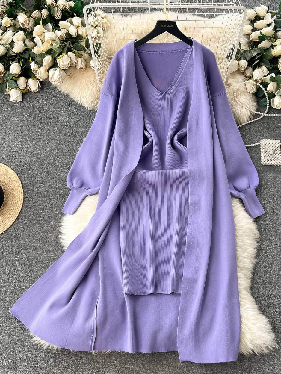 Two-Piece Knitted Lantern Sleeves Pullover with Cami Dress MAX SIZE / Plum