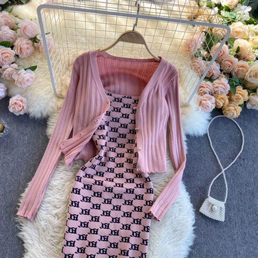 Two-Piece Knitted Sweater Print Dress