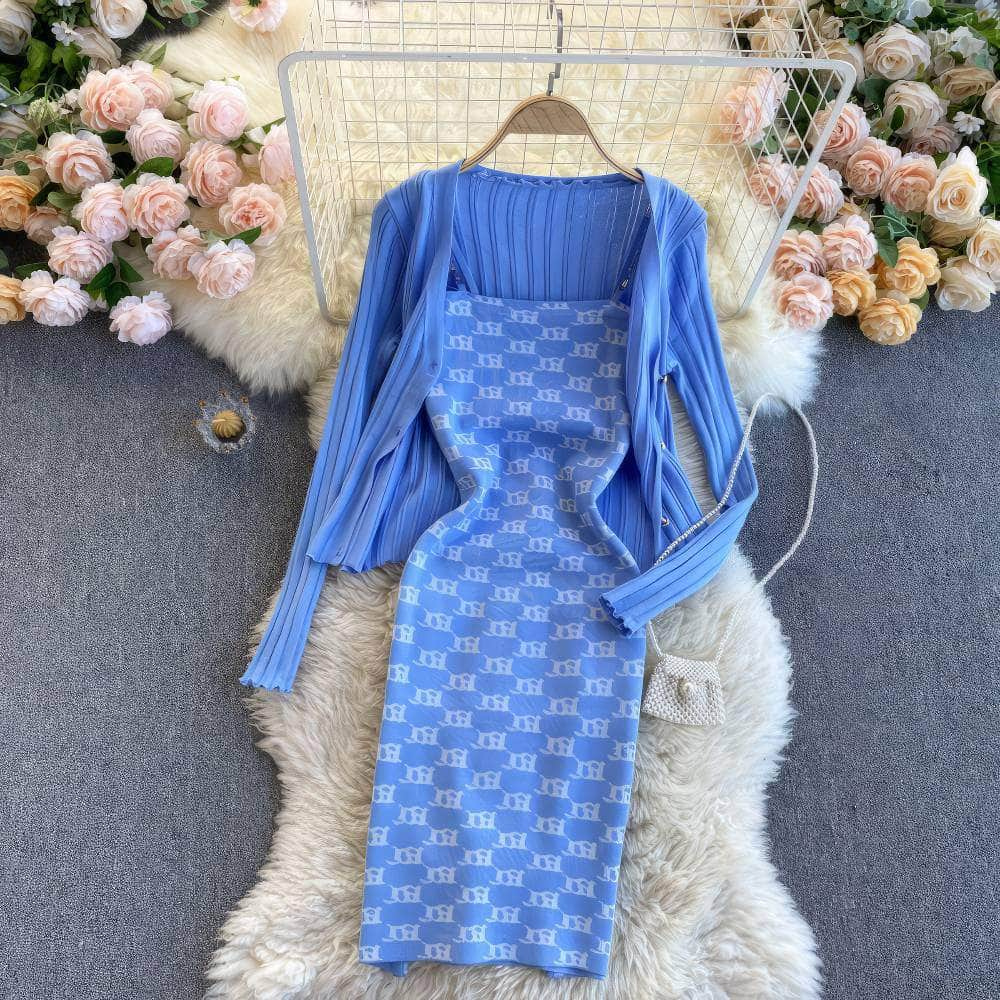 Two-Piece Knitted Sweater Print Dress