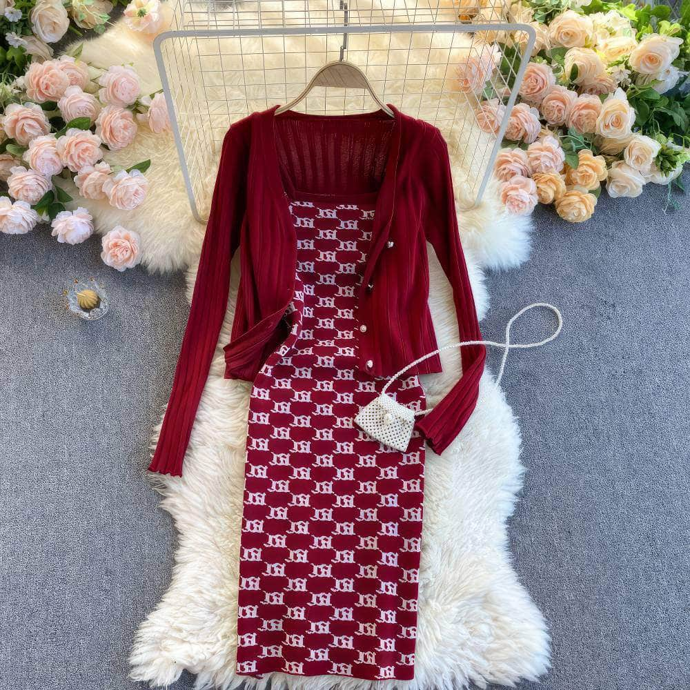 Two-Piece Knitted Sweater Print Dress