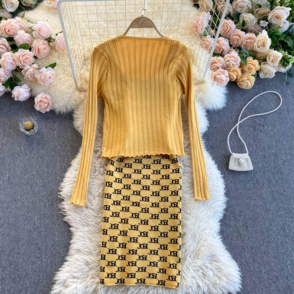 Two-Piece Knitted Sweater Print Dress