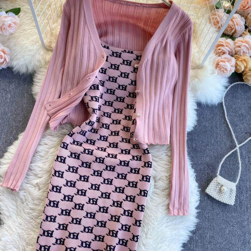 Two-Piece Knitted Sweater Print Dress