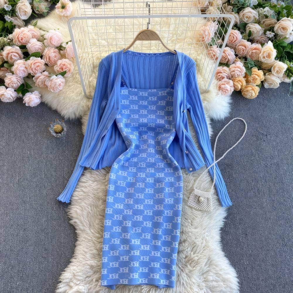 Two-Piece Knitted Sweater Print Dress