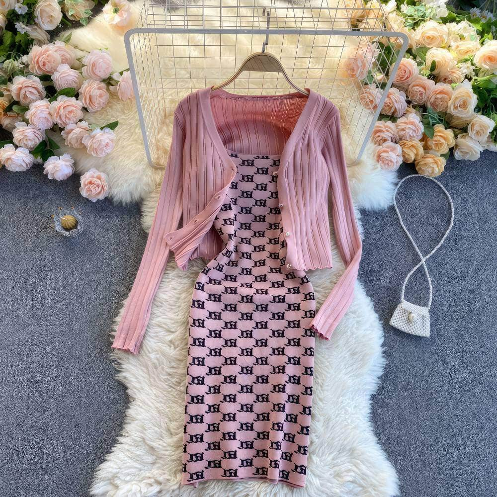 Two-Piece Knitted Sweater Print Dress