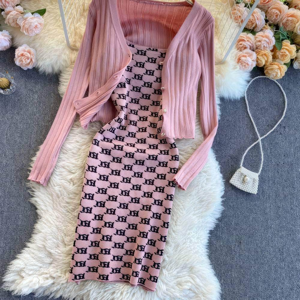 Two-Piece Knitted Sweater Print Dress