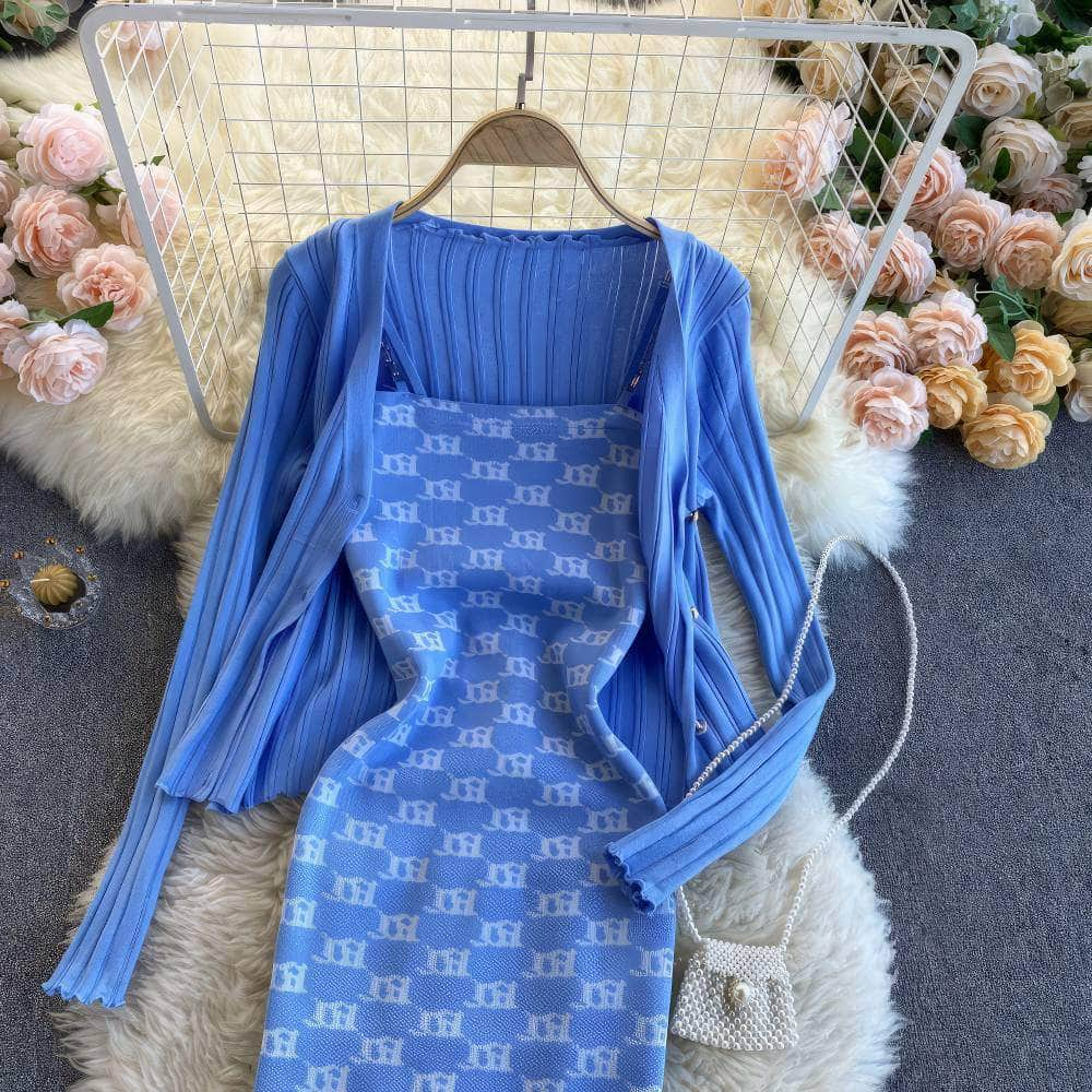 Two-Piece Knitted Sweater Print Dress