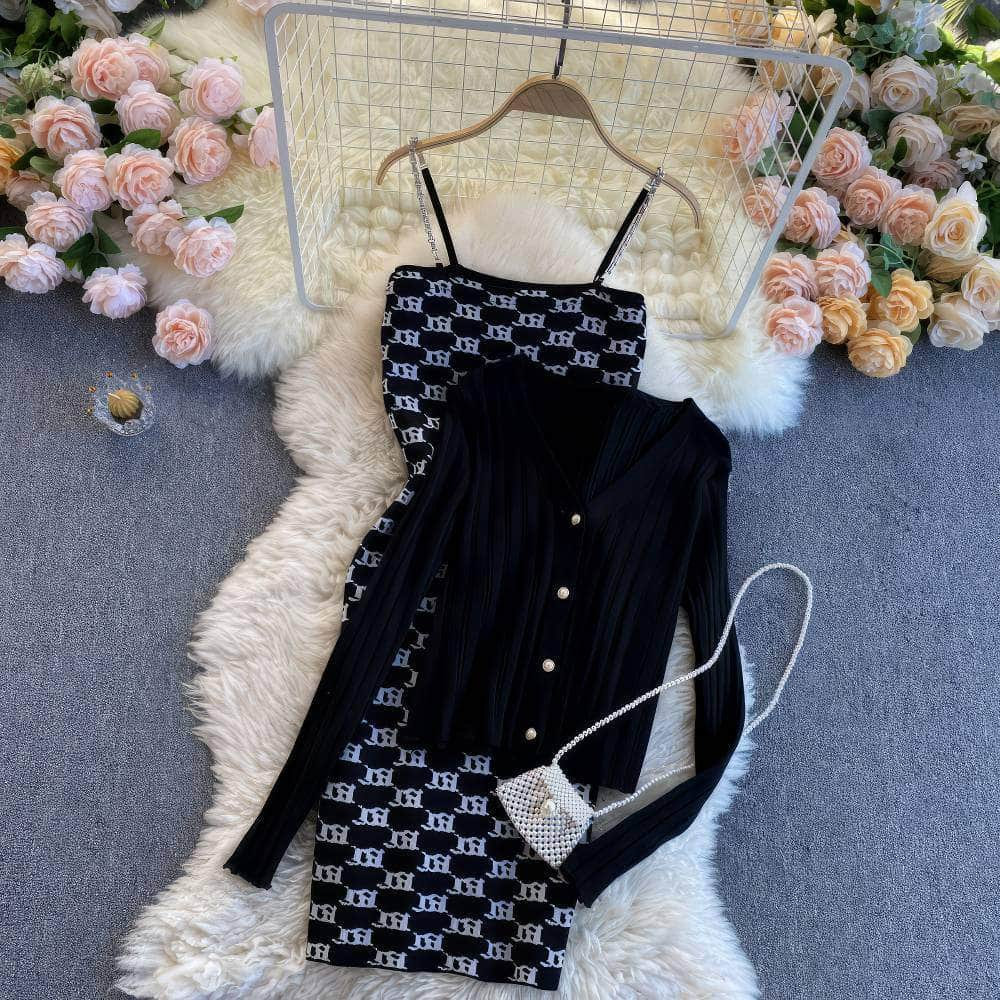 Two-Piece Knitted Sweater Print Dress MAX SIZE / Black