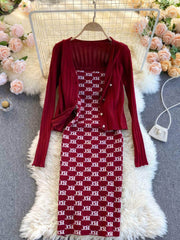 Two-Piece Knitted Sweater Print Dress MAX SIZE / DarkRed