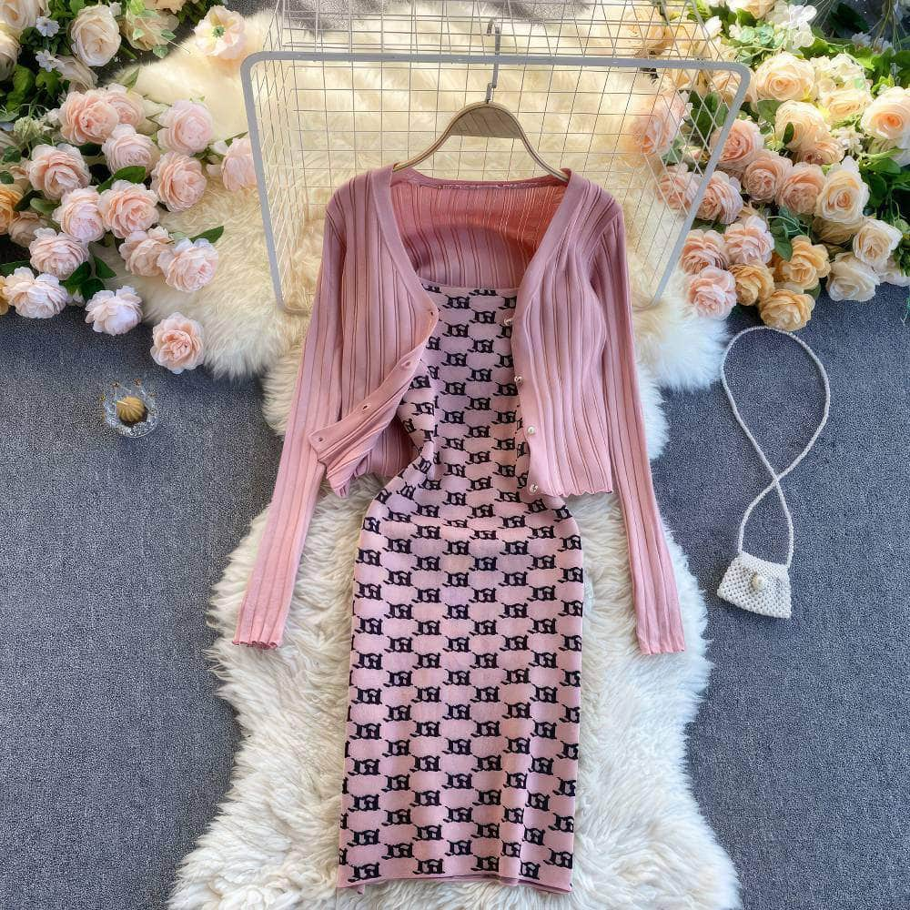 Two-Piece Knitted Sweater Print Dress MAX SIZE / Pink