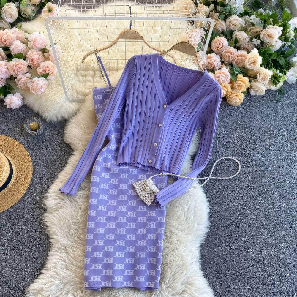 Two-Piece Knitted Sweater Print Dress MAX SIZE / Plum