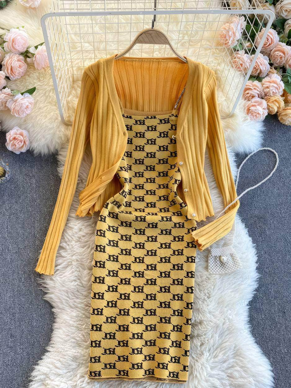 Two-Piece Knitted Sweater Print Dress MAX SIZE / Yellow