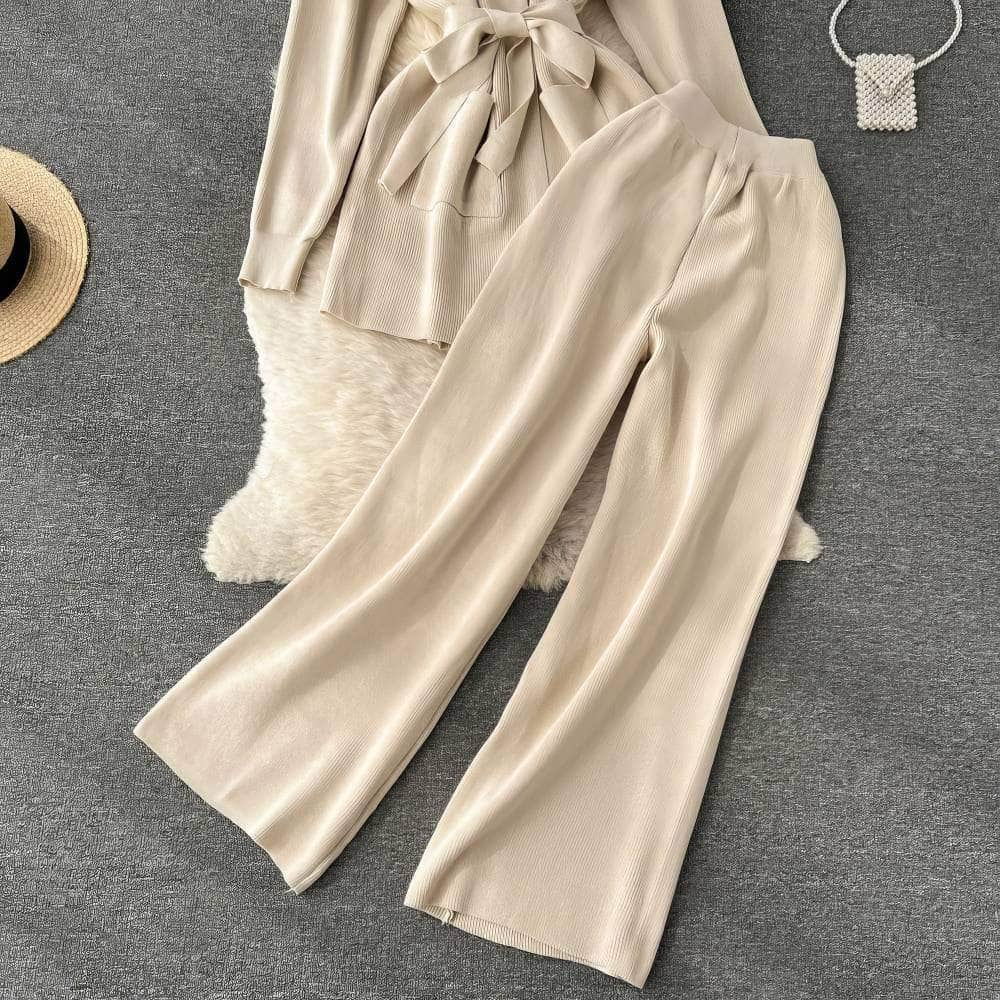 Two-Piece Knitted Wrap Shirt High Waist Pants