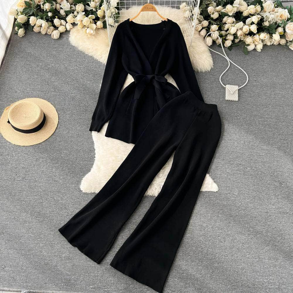 Two-Piece Knitted Wrap Shirt High Waist Pants MAX SIZE / Black / With Belt