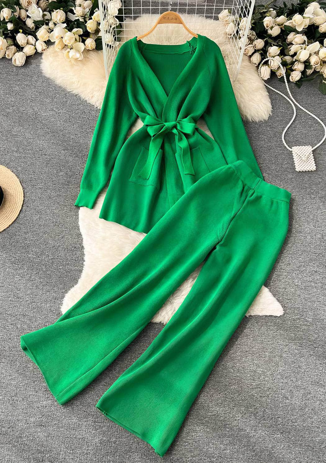 Two-Piece Knitted Wrap Shirt High Waist Pants MAX SIZE / SpringGreen / With Belt