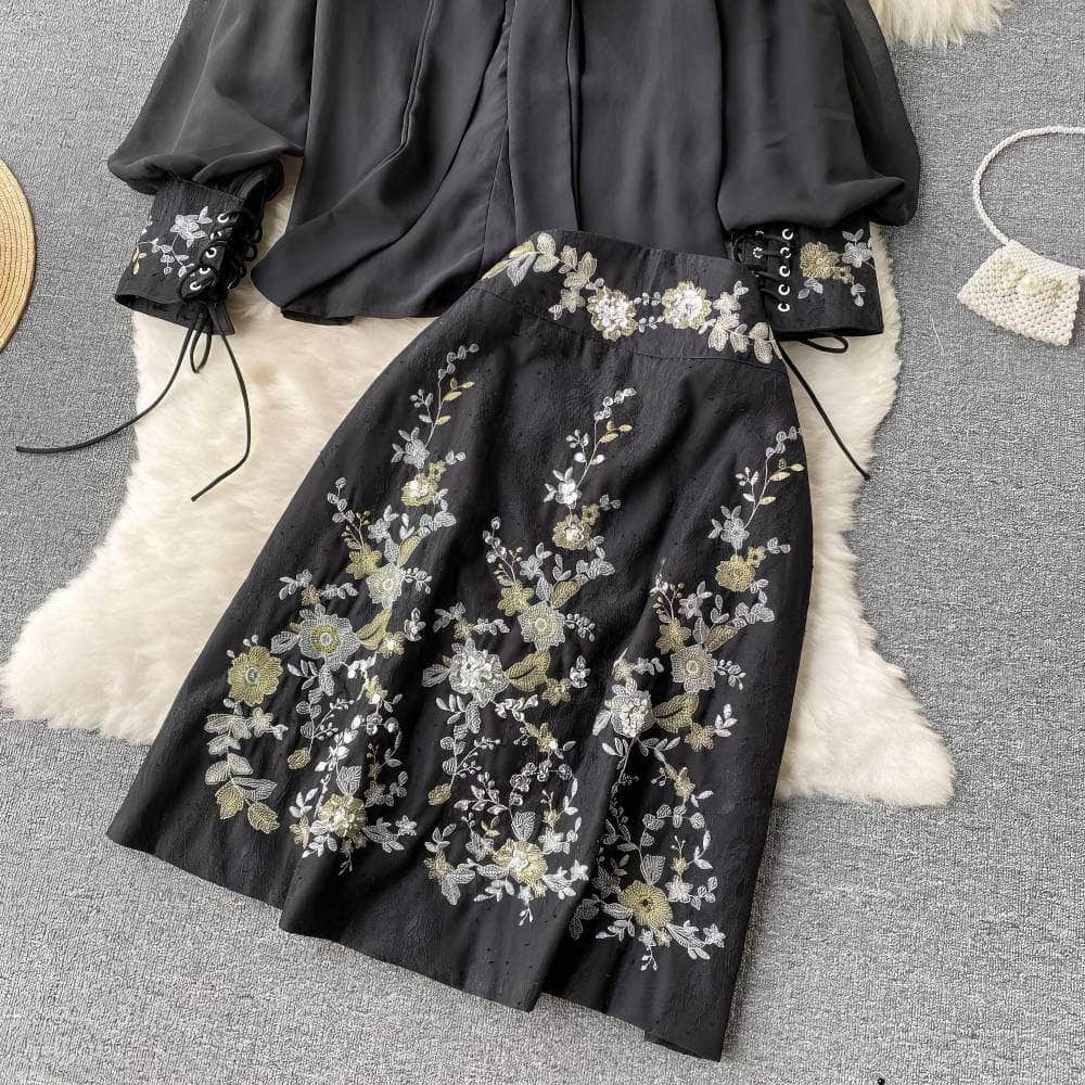 Two-Piece Lantern Sleeves Chiffon Embroidered Set