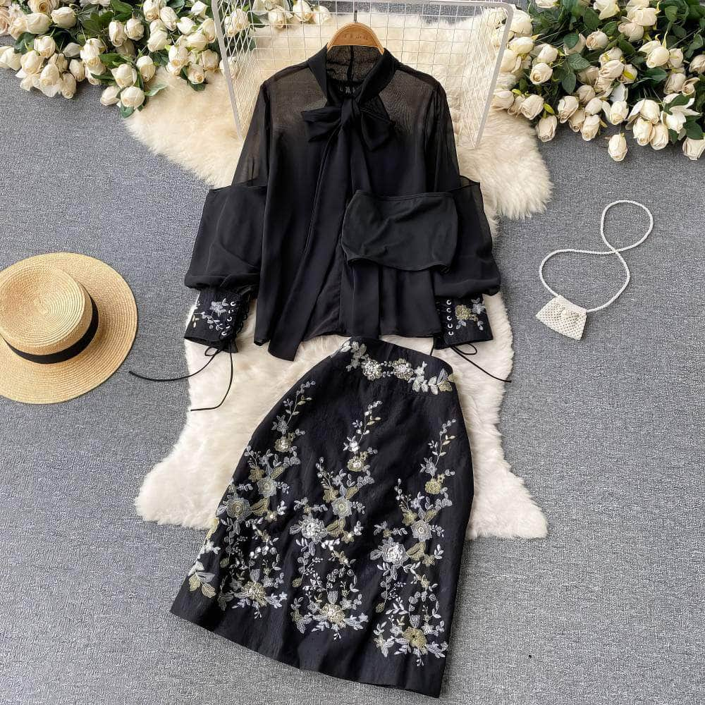 Two-Piece Lantern Sleeves Chiffon Embroidered Set