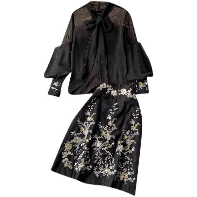 Two-Piece Lantern Sleeves Chiffon Embroidered Set