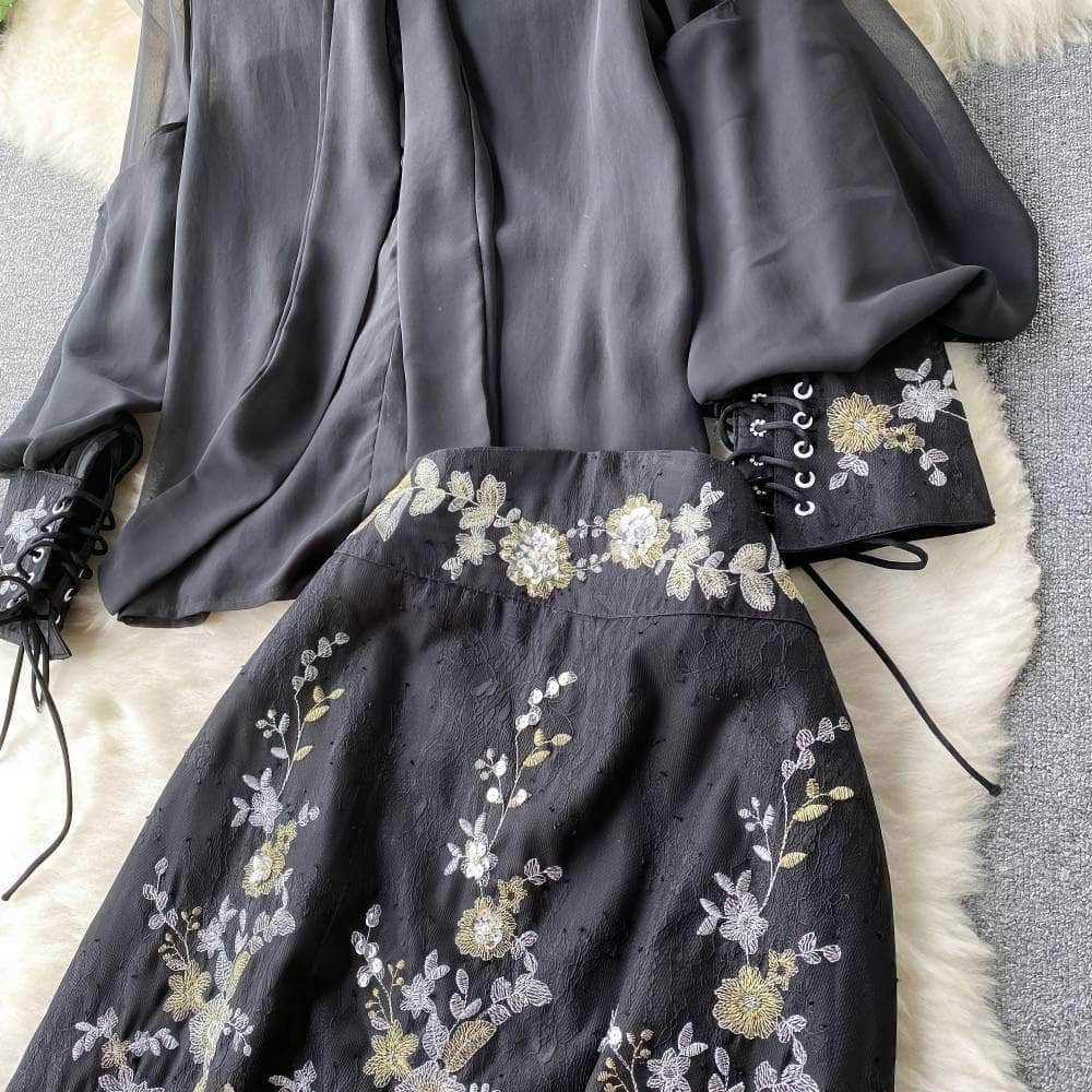 Two-Piece Lantern Sleeves Chiffon Embroidered Set